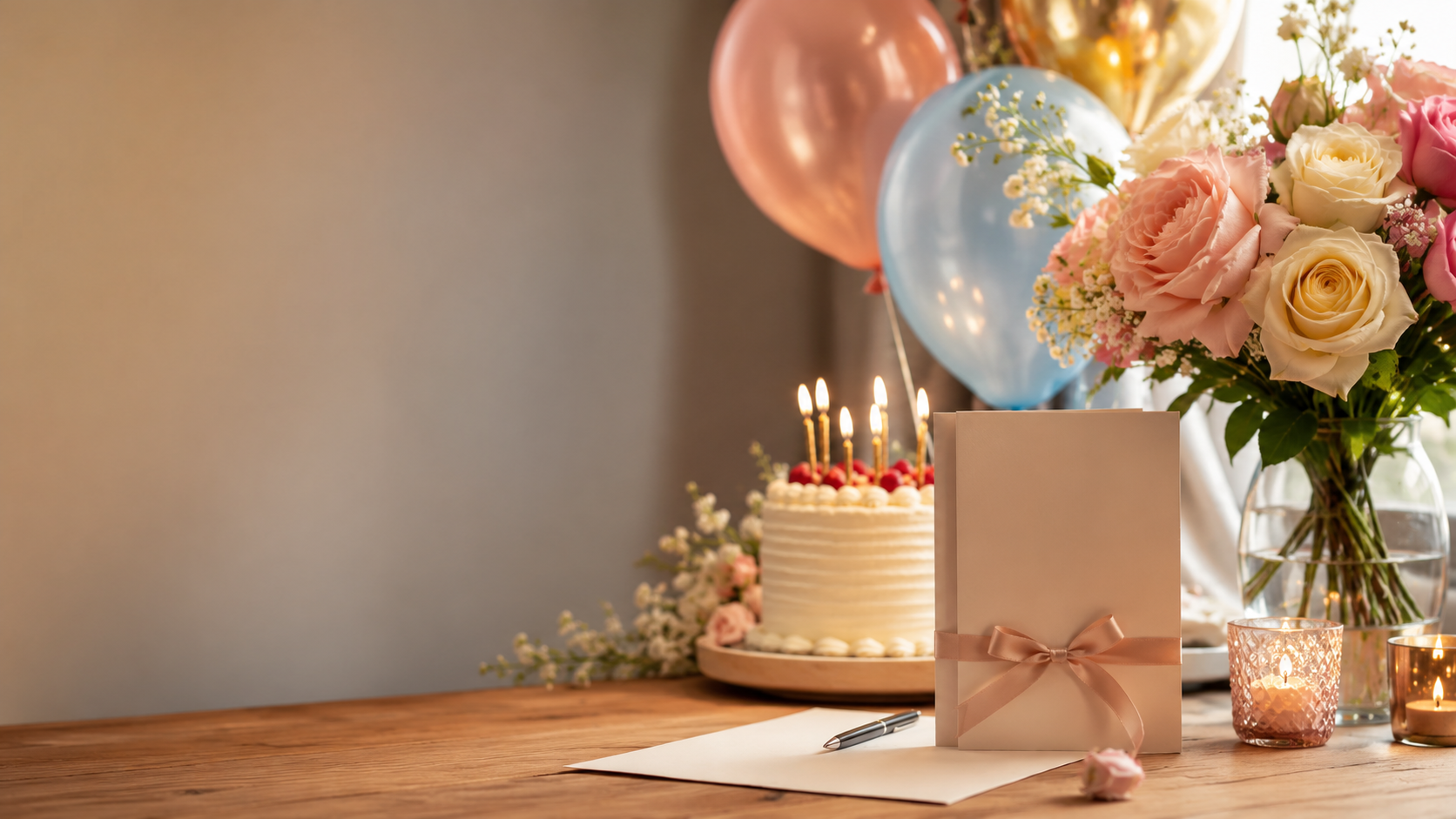 Schöne Geburtstagswünsche mit Geburtstagskarte, Kuchen und Dekoration