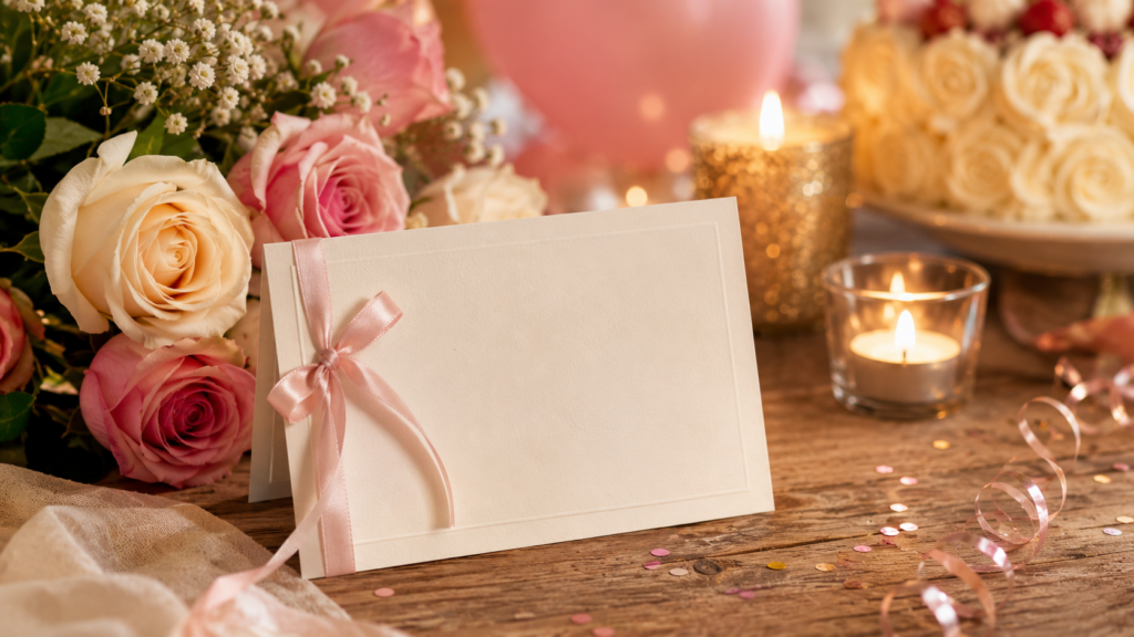 Herzliche Geburtstagswünsche mit einer eleganten Geburtstagskarte, Blumen und Kerzen