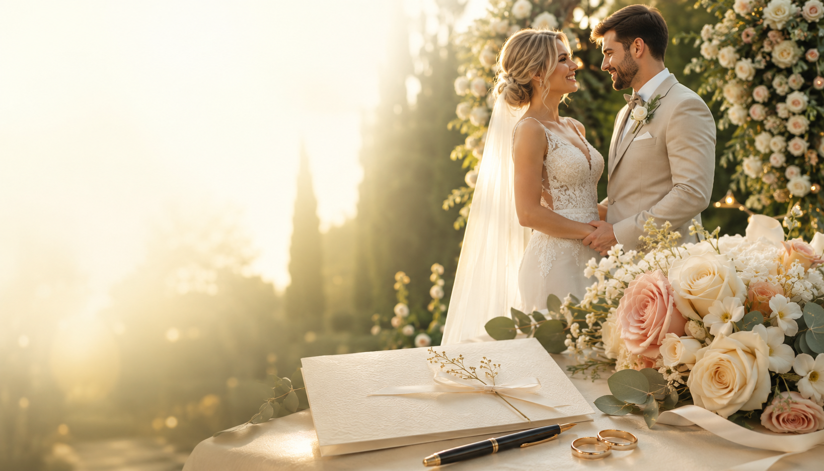 Romantisches Brautpaar mit Hochzeitskarte und Blumen – Hochzeitswünsche, Grüße und Sprüche zur Hochzeit