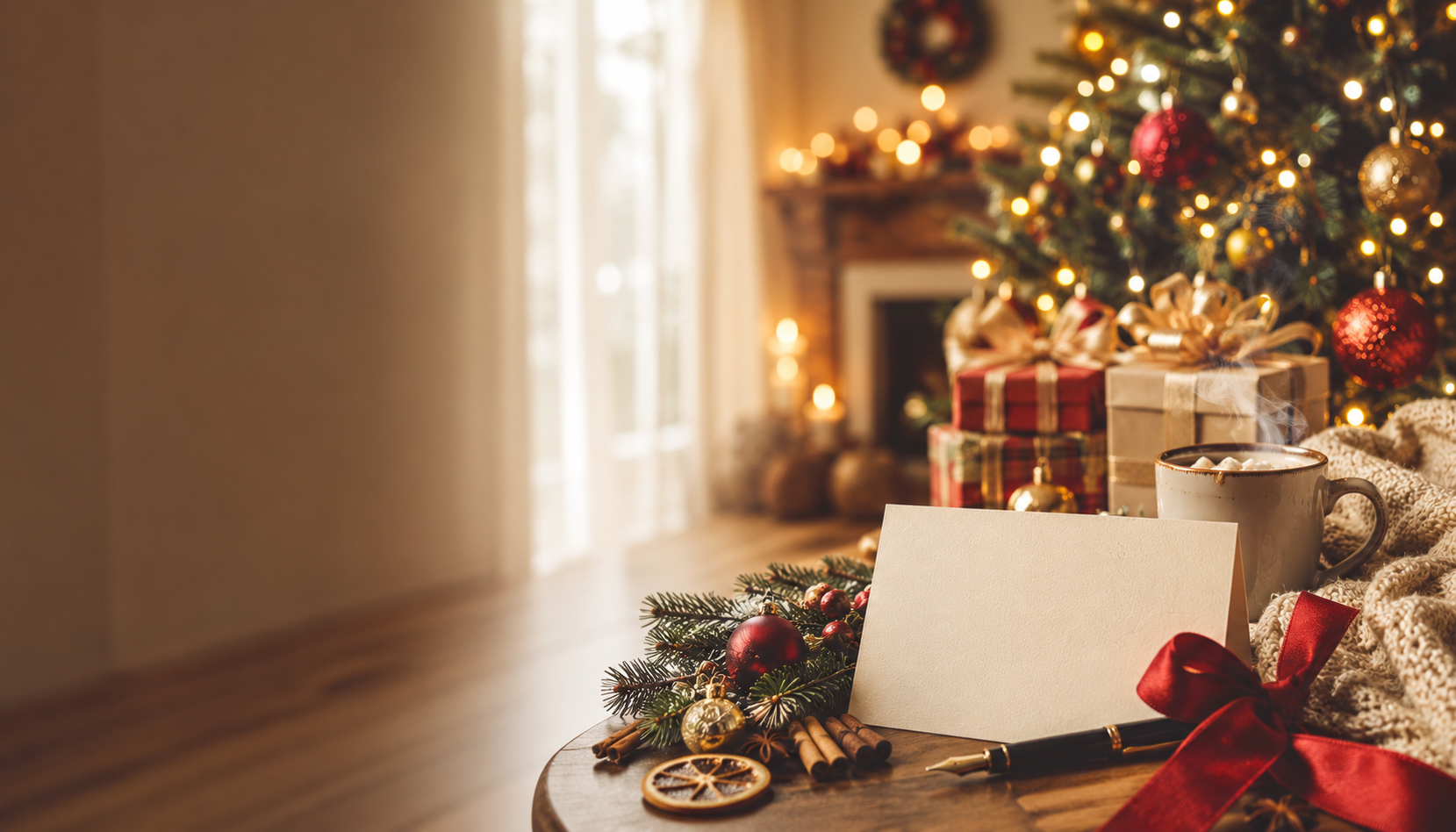 Gemütliche Weihnachtsszene mit Weihnachtskarte, Tannenbaum und festlicher Dekoration für Weihnachtswünsche und Grüße